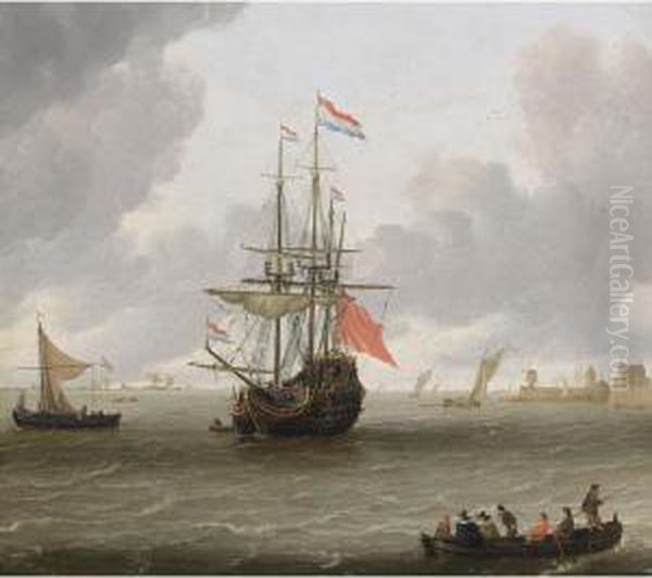 A Man-of-war In A Stiff Breeze 
With A Kaag And A Rowing Boat With Figures In The Lower Foreground, A 
View Of A Quay With A Watermill And A Warehouse In The Distance Oil Painting by Hieronymous Van Diest