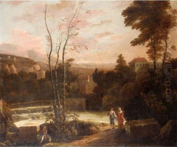 An Extensive Italianate 
Landscape With Two Women Walking On A Path And A Fisherman Resting On A 
Stone In The Foreground. Oil Painting by Gerard Van Edema