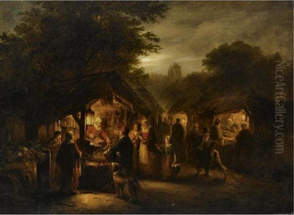 A Candle Lit Market Oil Painting by George Harvey