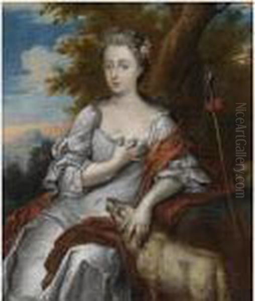 Portrait Of A Young Lady As A 
Shepherdess, Seatedthree-quarter-length, Wearing A White Dress, A Lamb 
And Staff Byher Side Oil Painting by Jan van Haensbergen