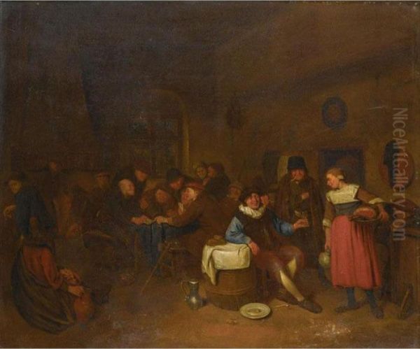 Tavern Interior With Boors 
Playing Cards And Drinking And A Serving Maid 
Holding A Joint Of Ham Oil Painting by Egbert Ii Van Heemskerck