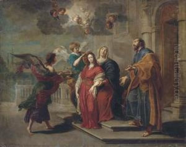 Angels Preparing The Virgin For The Presentation In Thetemple Oil Painting by Willem Van Herp