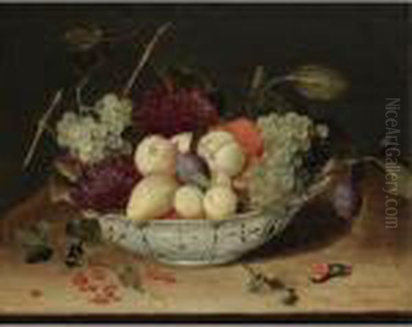 Still Life With Grapes, Peaches,
 Plums And Other Fruit In A Blue And White Porcelain Bowl, Redcurrants 
And Hazelnuts Scattered On The Wooden Ledge Below Oil Painting by Jacob van Hulsdonck