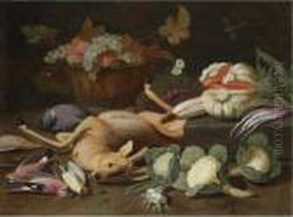 Still Life With A Basket Of 
Fruit, Cauliflowers, A Melon, Leeks, Radishes And Other Vegetables, 
Together With A Deer And Songbirds Oil Painting by Jan van Kessel