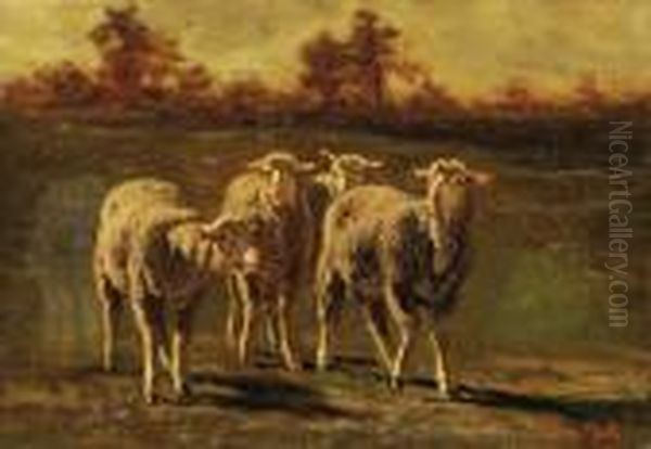 A Small Flock Oil Painting by Emile Van Marcke De Lumman