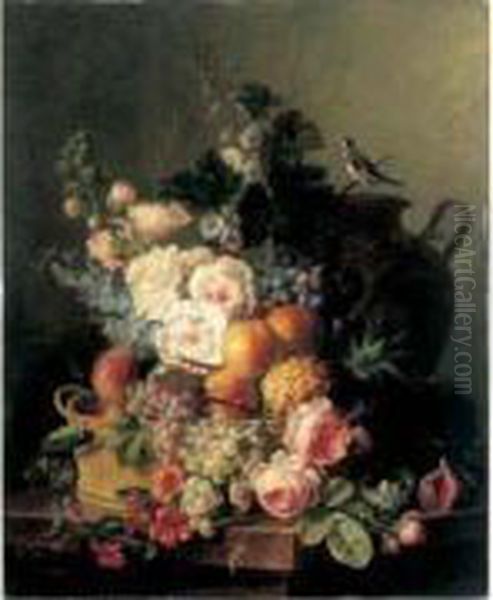 Nature Morte Au Panier De Fruits
 Et Fleurs Nid Vase Et Oiseau Sur Un Entablement De Marbre Oil Painting by Cornelis van Spaendonck