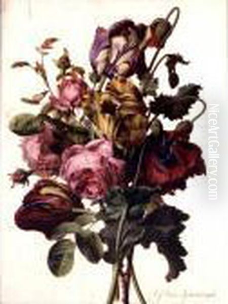 A Bouquet Of Tulips, Roses And 
An Opium Poppy, With A Pale Clouded Yellow Butterfly, A Red Longhorn 
Beetle And A Sevenspotted Ladybug Oil Painting by Gerard Van Spaendonck