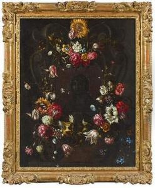 Guirlande De Fleurs Ornees De 
Papillons Avec Au Centre Ste Madeleine En Buste Inscrite Dans Un Blason A
 Enroulements.
 Huile Sur Toile Oil Painting by Jan Philip van Thielen