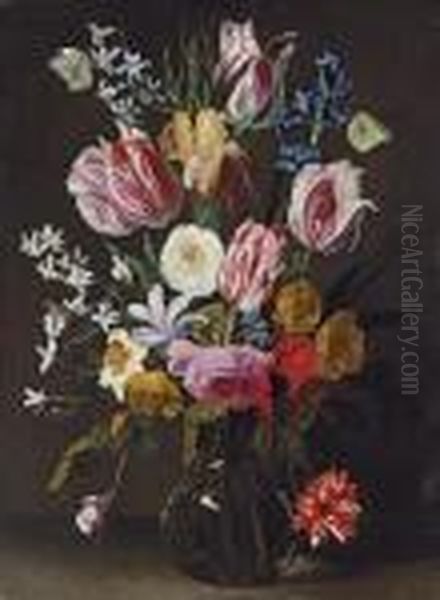 Tulips, Daffodils, Irises And 
Roses In A Glass Vase With Butterflies And Other Insects On A Ledge Oil Painting by Jan Philip van Thielen