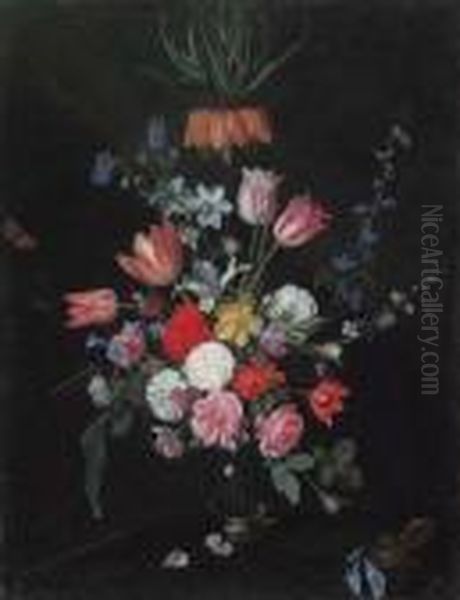 Parrot Tulips, Roses, 
Carnations, Bluebells, Irises And Crownimperial In A Glass Vase, By A 
Watch On A Draped Table With Apeacock Butterfly And A Dragonfly Oil Painting by Jan Philip van Thielen