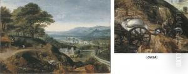 An Extensive River Landscape 
With Millers On A Road Approaching Awatermill, And A Horse-drawn 
Carriage With Flour Sacks Crossing Aford In The Foreground, A Possible 
View Of The Aartal Valleybeyond Oil Painting by Lucas van Valckenborch