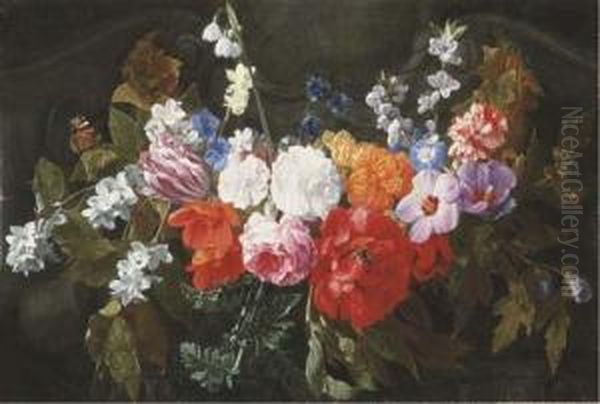 A Garland Of Roses, A Peony, A 
Tulip, Carnations, Gentians Andother Flowers With A Bumble Bee And A 
Butterfly Oil Painting by Nicolas Van Veerendael