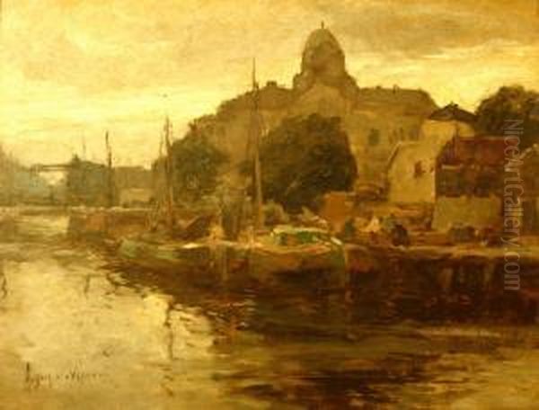 Rotterdamse Kade Met Arbeiders 
En De Steigerse Kerk Op De Achtergrond. Gesigneerd. Verso Sticker Met 
Titel 'impressie' Oil Painting by August Willem van Voorden