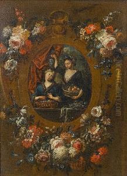 A Young Woman With A Vase Of
Flowers, Another Holding A Bail Of Hay, In A Stone Cartouche Surrounded
By A Garland Of Flowers; And A Young Woman Warming Her Hands, Another
Holding A Basket Of Fruit In A Stone Cartouche Surrounded By A Garland
Of Fl by Gaspar-pieter The Younger Verbruggen