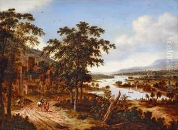 Flusslandschaft Mitreiter Und Rastenden Oil Painting by Dionys Verburgh