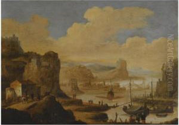 A Mediterranean Harbour Scene 
With Figures On The Shore Near Fishing Barges And A Galley, A View Of A 
Town Along A Coastline Beyond Oil Painting by Dirck Verhaert
