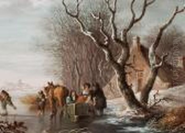 Landschaft Mit Vereistem Fluss Und Pferdeschlitten Oil Painting by Andries Vermeulen