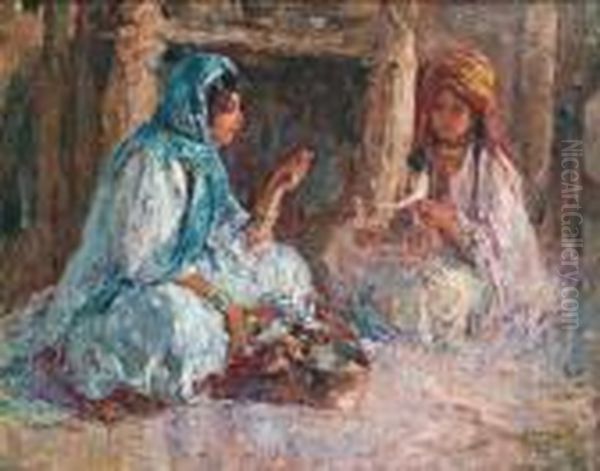 Ecole Belge
 Deux Jeunes Fileuses Conversant Oil Painting by Edouard Verschaffelt