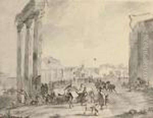 A Horse Fair In The Campo Vaccino, Rome Oil Painting by Hendrick Verschuring