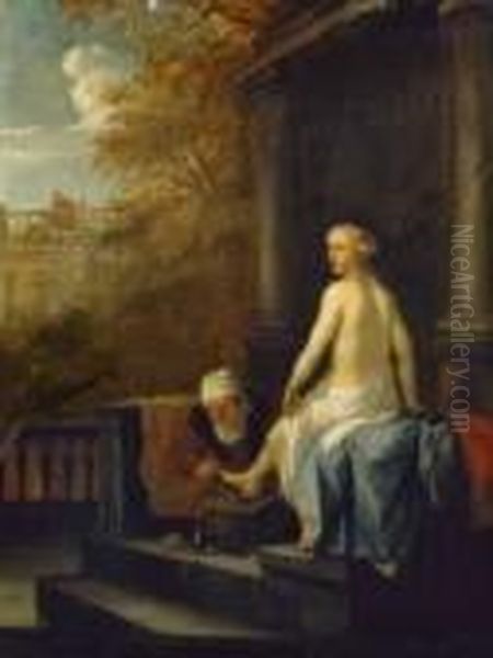 Bathseba Im Bade (ii Sam. 11,
 2-3). Im Hintergrund Konig David Auf Dem Dach Seines Oil Painting by Francois Verwilt