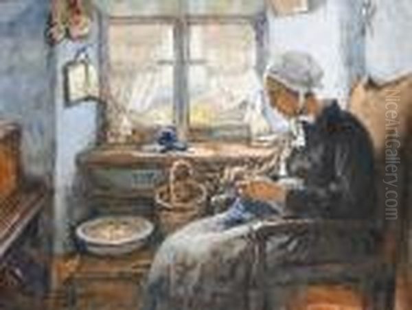 A Woman Knitting In An Interior Oil Painting by Eugene Villon