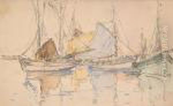 Boats At Anchor Oil Painting by Eugene Villon