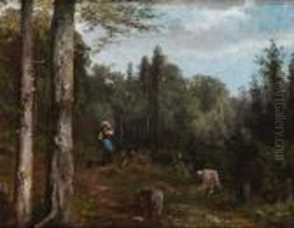 Junge Magd Auf Der
 Waldlichtung. Oil Painting by Ludwig Gustav Voltz