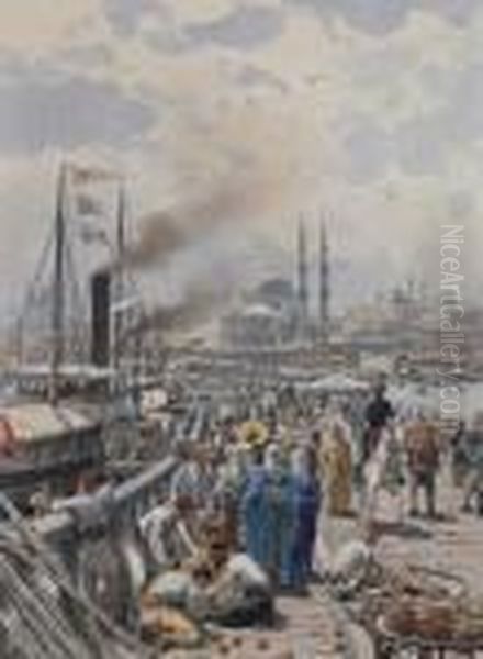 The Old Galatea Bridge Connecting Karakoy To Eminonu Over The Golden Horn, Istanbul Oil Painting by Themistocles Von Eckenbrecher