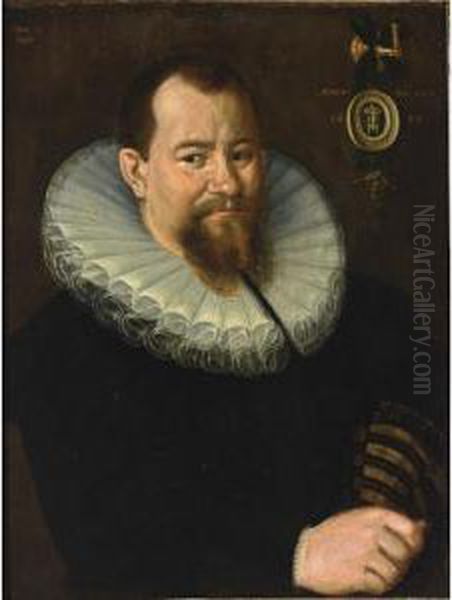 A Portrait Of A Bearded 
Gentleman, Aged 43, Bust Length, Wearing A Black Suit With White Lace 
Collar, Holding Gloves In His Right Hand Oil Painting by Gotthardt von Wedig