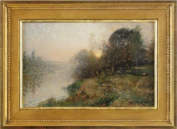 Solnedgang Over Flodlandskap Oil Painting by Alfred Wahlberg