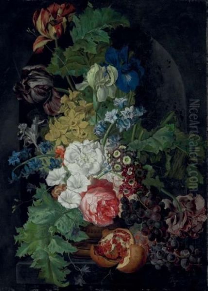 Tulips, Irises, Morning Glories 
And Other Flowers In An Urn, With Grapes And A Pomegranate, In A Stone 
Niche Oil Painting by Sebastian Wegmayr