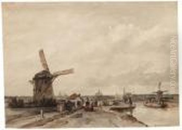 A Summer's Day With Elegant 
Figures Strolling Along The Trekvliet,the Hague In The Distance Oil Painting by Jan Weissenbruch
