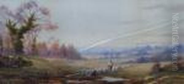 Shepherd And His Flock On A Country Lane; Watercolour, Signed, 19x53cm Oil Painting by John Sanderson Wells