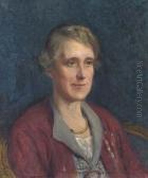Portrait Of A Lady, Seated Bust-length, In A Maroon Cardigan And Brooch Oil Painting by Rowland Wheelwright