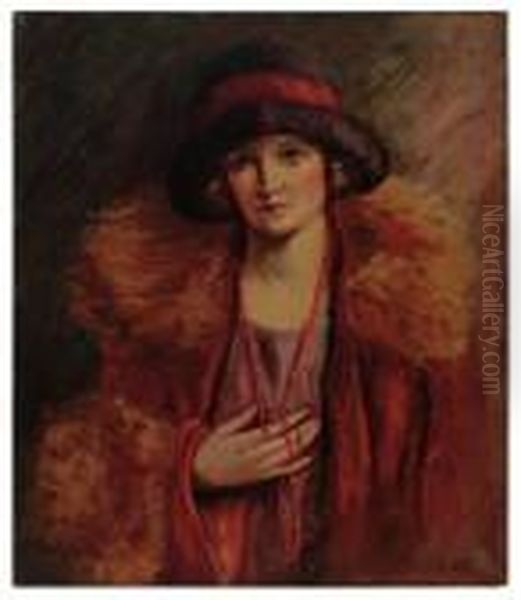 Portrait Of A Woman In A Red, Fur-lined Coat. Oil Painting by Irving Ramsay Wiles