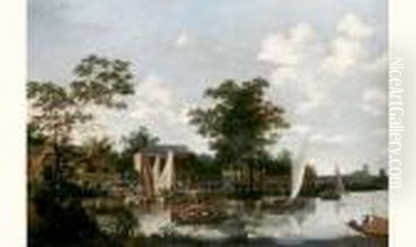 Riviere D'une Petite Ville En 
Hollande Avec Des Promeneurs Sur La Berge Et D'autres En Barques. Oil Painting by Isaac Willaerts