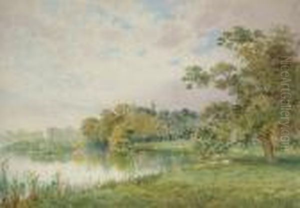 Sheep Grazing By A Lake Oil Painting by Arthur Reginald Willett