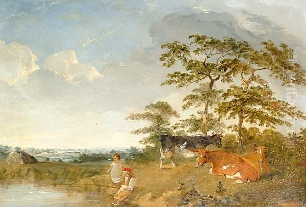 Children Fishing With Cattle In The Background Oil Painting by Henry Brittan Willis