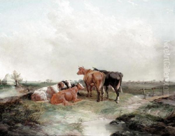 Cattle With Windmill In The Distance Oil Painting by Henry Brittan Willis, R.W.S.