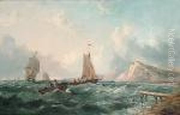 Ships Off The Coast Oil Painting by John Jock Wilson