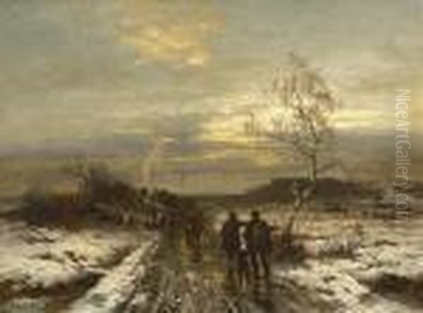 Heimkehrende Jager In
 Winterlandschaft. Oil Painting by Conrad Wimmer