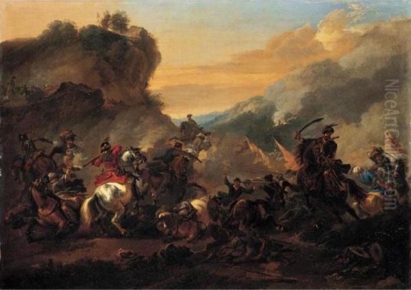 A Cavalry Battle Scene Oil Painting by Jan Wyck