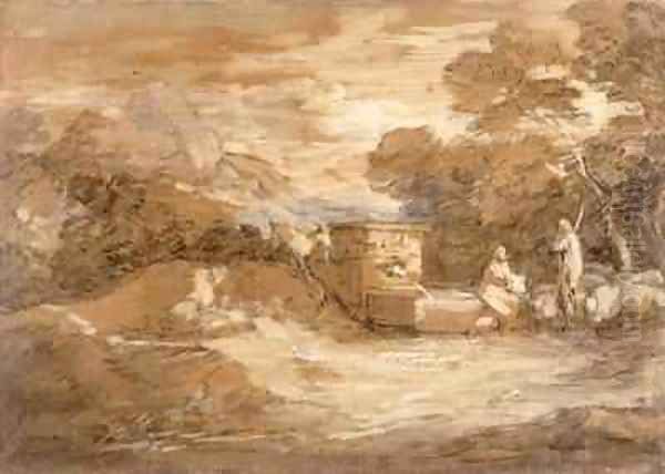Mountain Landscape with Figures Sheep and Fountain Oil Painting by Thomas Gainsborough