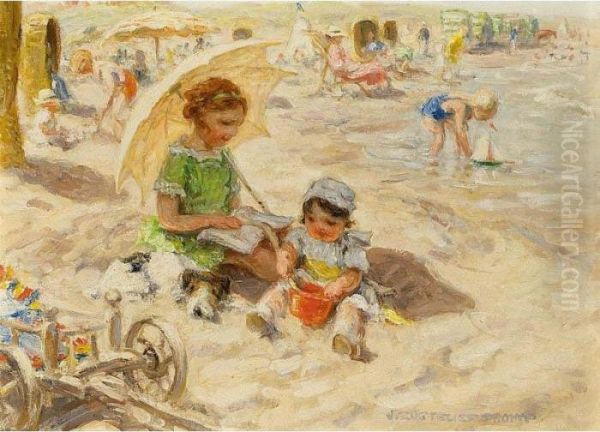 A Day At The Beach Oil Painting by Jan Zoetelief Tromp
