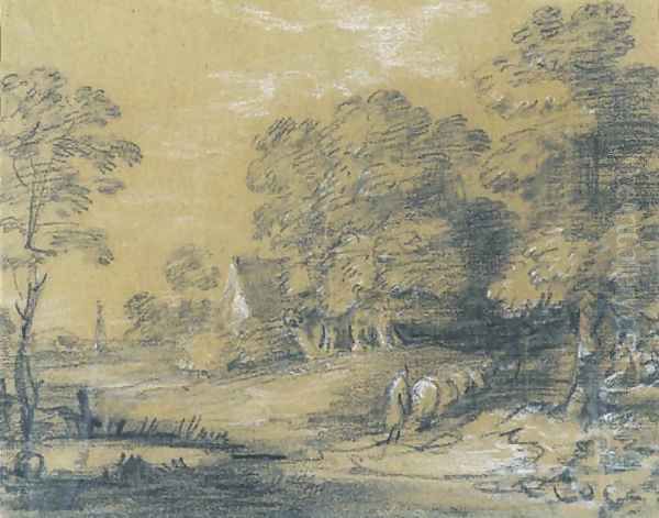 A wooded landscape with a shepherd and his flock fording a stream, a cottage beyond Oil Painting by Thomas Gainsborough