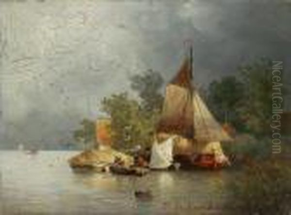 Flusslandschaft Mit Lastenkahnen Oil Painting by Andreas Achenbach