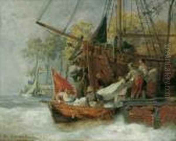 Hafeneinfahrt Bei Sturmischer 
See. Signiert Und Datiert Unten Links: A. Achenbach 76. Ol Auf Holz. H 
37; B 46 Cm. Oil Painting by Andreas Achenbach