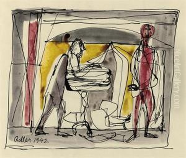 Figures At The Table - Interior Oil Painting by Jankel Adler