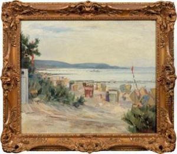 Sommerlicher Badestrand Mit Strandkorben Oil Painting by Lucien Adrion