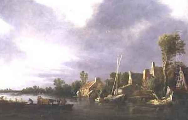 A Village by a River with Peasants and Cattle on a Ferry Oil Painting by Jan van Goyen